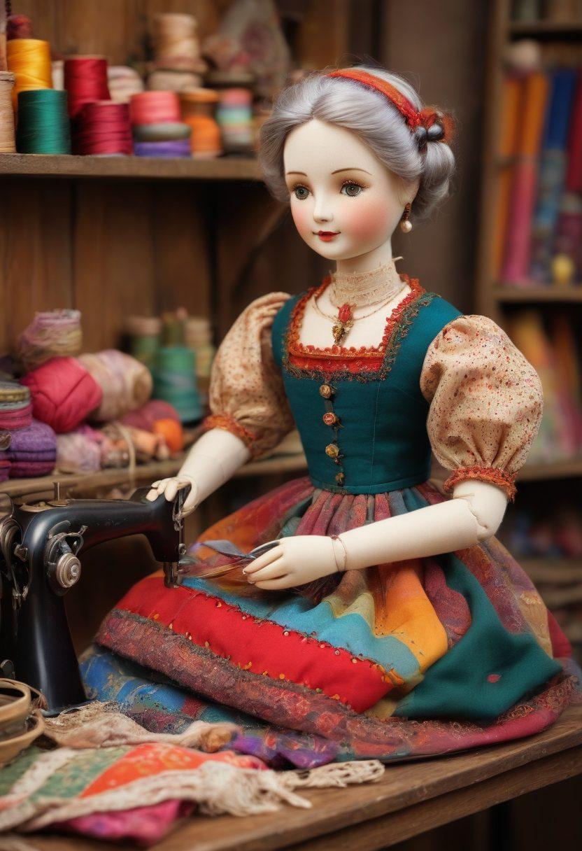 A cozy and inviting artisan workshop filled with shelves of colorful fabrics and vintage sewing tools. A skilled artisan lovingly handcrafting a charming granny doll, complete with detailed stitching and expressive features. The scene brims with warmth, creativity, and the rich textures of handmade artistry. painting. vibrant colors. warm lighting.