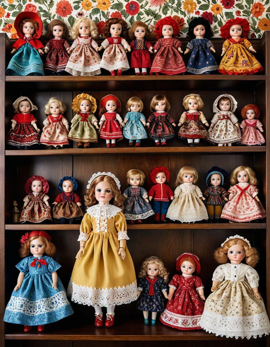 A colorful vintage doll collection displayed on antique wooden shelves, showcasing both classic granny dolls with traditional attire and modern interpretations with unique designs. The background should feature a cozy, well-lit room with floral wallpaper and patterned rugs, evoking a sense of nostalgia and warmth. Highlight the intricate details and textures of the dolls' clothing and faces. vibrant colors. super-realistic.