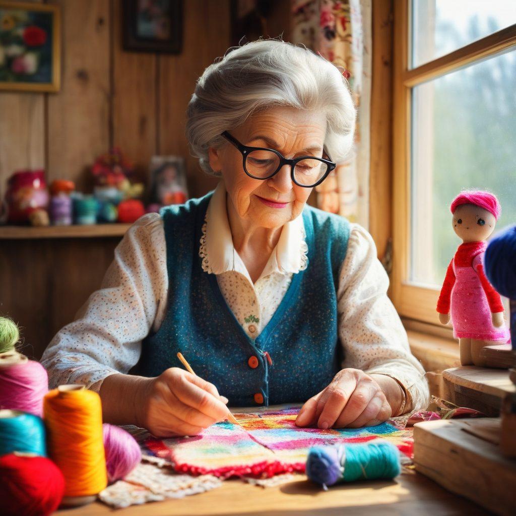 An elderly woman with spectacles, gently sewing a charming, colorful granny doll in an old-fashioned wooden room filled with yarn, fabrics, and other crafting materials. The room has a warm, nostalgic ambiance with soft natural light filtering through a window. vintage style. painting. vibrant colors.